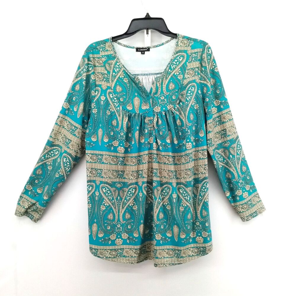 a. Jesdani Blouse Women Plus Size 1X Teal Long Sleeve Paisley V Neck Casual Top